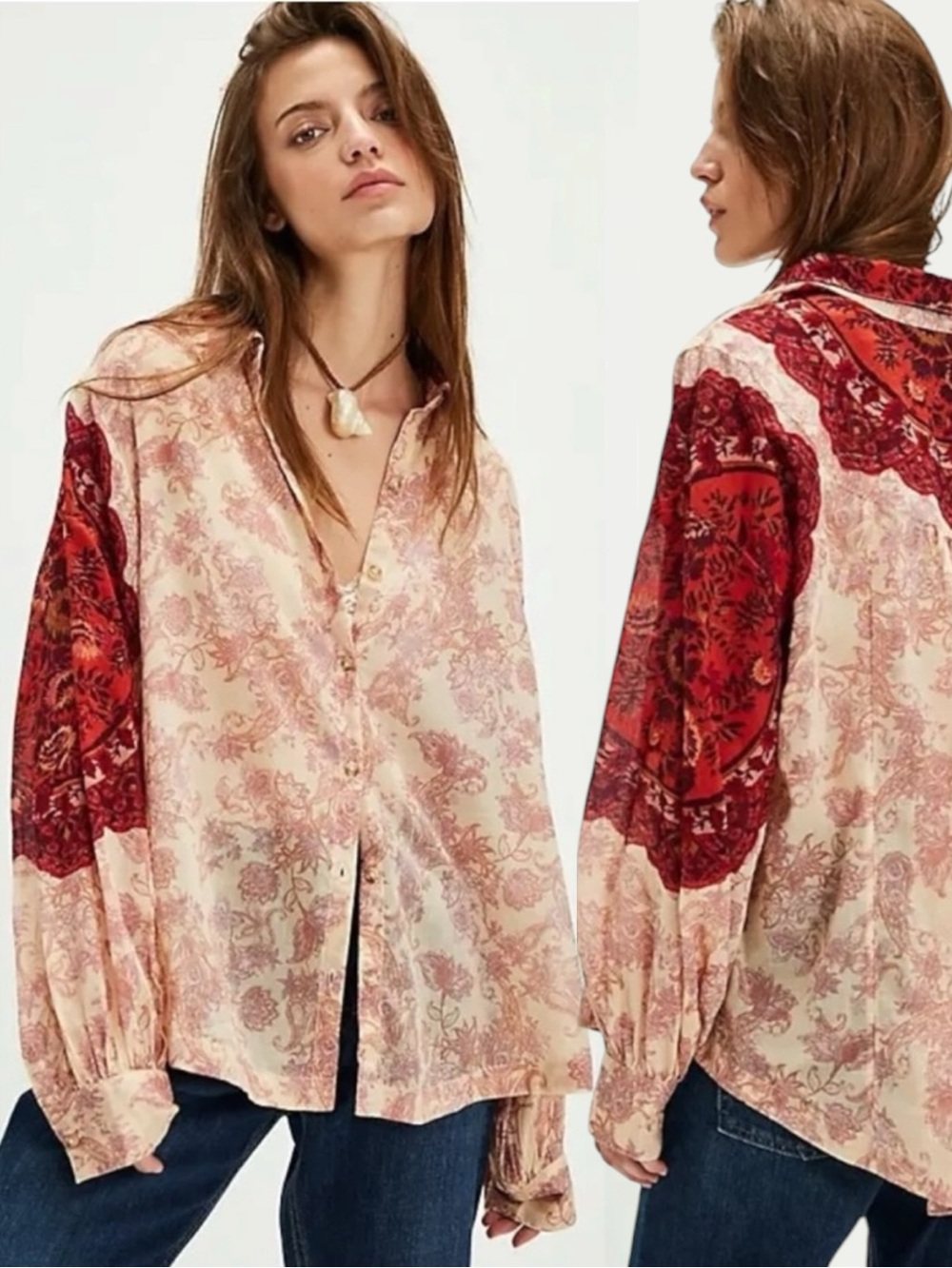 Free People Western Bohemian Dainty Rose Bud Button Down Oversized Blouse Medium